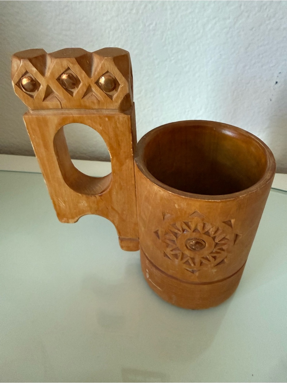 Russian Wooden Mug / souvenir antique Hand-Carved Wooden Home Art Cup - Tan